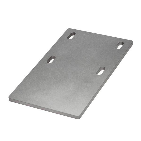 Metallplatte mit vier Langlöchern, rechteckig, grau, für Befestigungen und Montage.