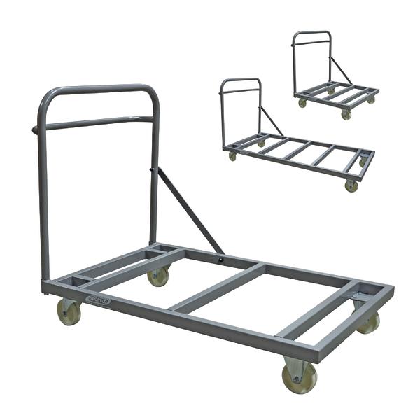 Robuster grauer Transportwagen mit Metallrahmen und vier Rollen für schwere Lasten.