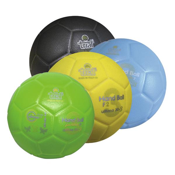 Bunte Handbälle in Blau, Pink, Grün, Gelb, Orange und Schwarz, gruppiert auf weißem Hintergrund.