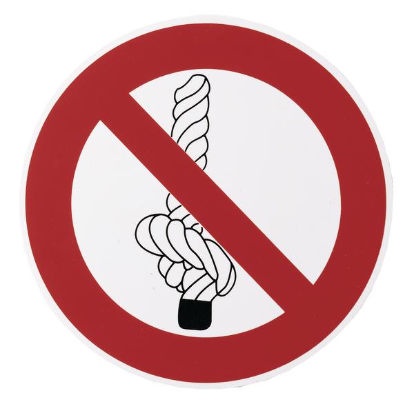 Verbotsschild mit rotem Kreis und durchgestrichener Knoten aus Seil, Sicherheitswarnung.