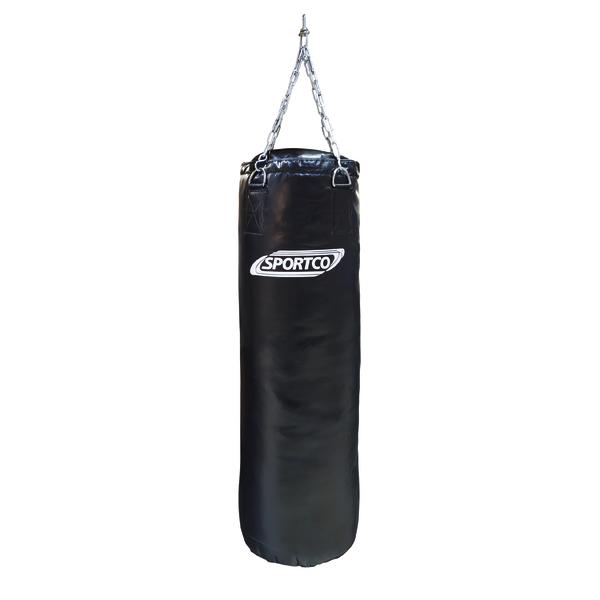 Schwarzer Sportco Boxsack mit weißem Sportco Logo und stabiler Kettenaufhängung aus Metall für Box- und Kampfsporttraining.