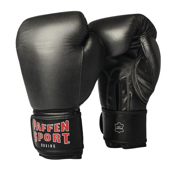 Schwarze Boxhandschuhe aus Leder mit rotem Paffen Sport Logo, Paaransicht.