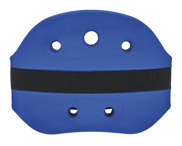 Blaues Schwimmbrett mit Grifföffnungen und schwarzem Gurt für Schwimmtraining.