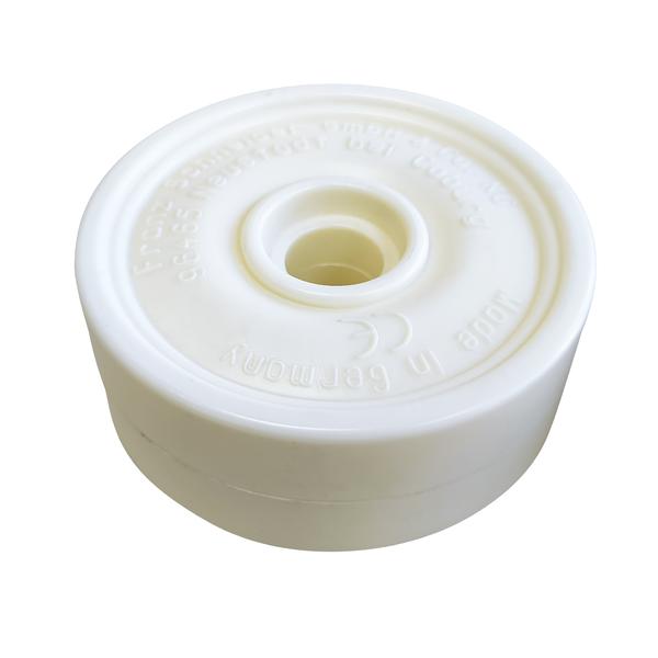 Weißer Kunststoff-Radkörper mit zentralem Loch, geeignet für Rollen und Wagen.