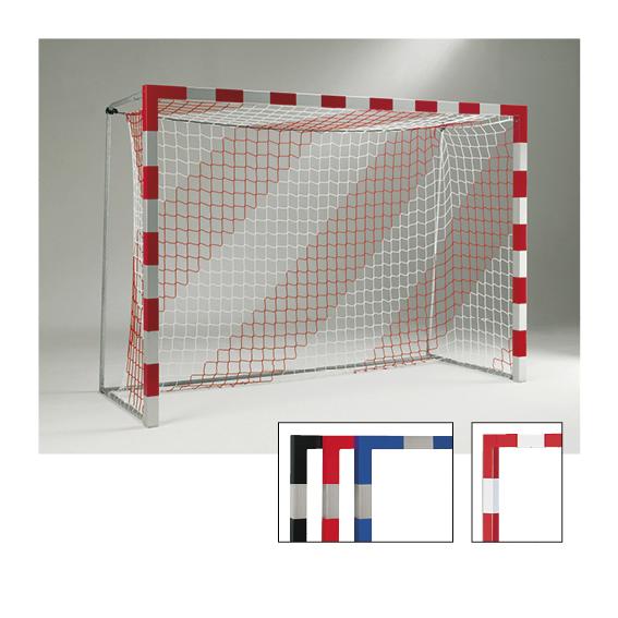 Handballtor mit rot-weißem Rahmen und Netz, verschiedene Farboptionen verfügbar.