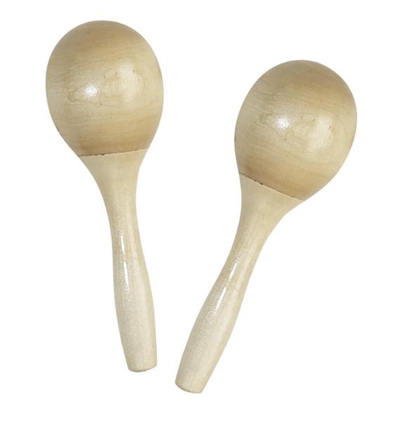 Paar aus hellen Holz-Maracas mit glattem Griff und rundem Klangkörper auf weißem Hintergrund.