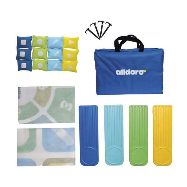 Spielset mit Wurfkissen, Spielmatten, Katapultplatten, Erdankern und Transporttasche vor weißem Hintergrund.