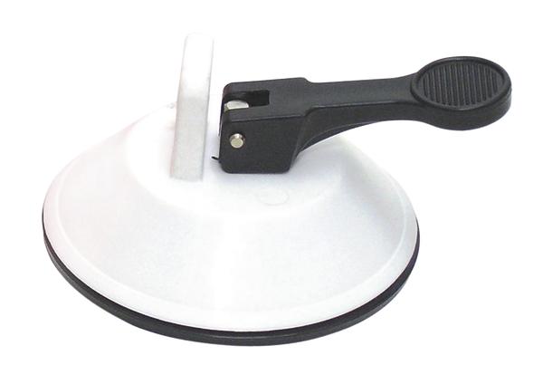 Saugnapf mit Hebelgriff zur Befestigung auf glatten Oberflächen, weiß und schwarz.