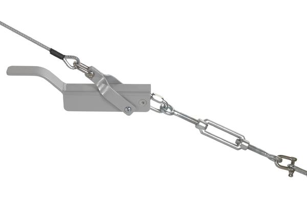 Spannvorrichtung aus Metall mit Drahtseil und Karabinerhaken für Befestigung und Sicherung.