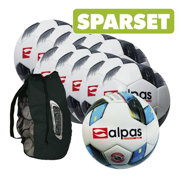 Sparset mit elf Alpas Fußballbällen und Sporttasche für Training und Spiel.