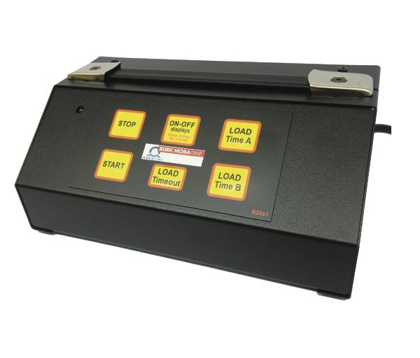 Schwarzes elektronisches Steuergerät mit gelben Tasten für Start, Stopp und Zeitladen.