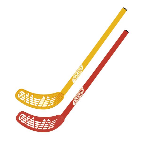 Zwei farbige Floorball-Schläger in Gelb und Rot mit Netzblatt auf weißem Hintergrund.