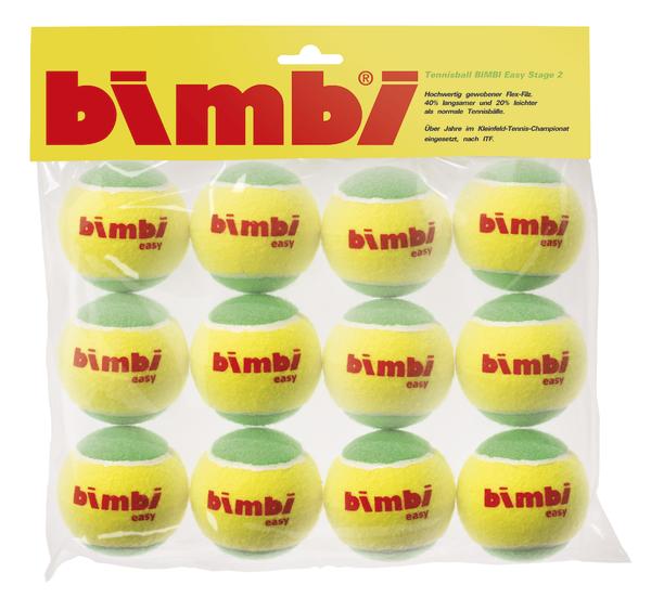 Zwölf gelb-grüne Bimbi Easy Tennisbälle im transparenten Verpackungsbeutel.