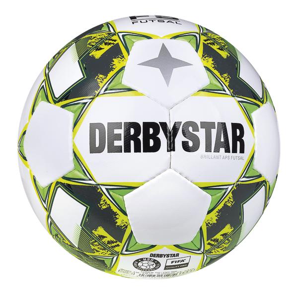 Weißer Derbystar Futsal-Ball mit grün-gelben Sternmustern, ideal für Hallenfußball.