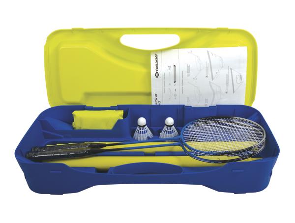 Badminton-Set mit Schlägern, Federbällen und Netz in blau-gelbem Tragekoffer.