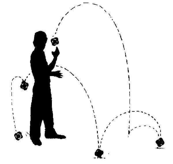 Silhouette einer Person, die mit drei Bällen jongliert, mit Flugbahnen der Bälle.