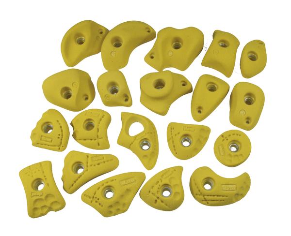 Klettergriffe Set in Gelb für Indoor-Kletterwände, verschiedene Formen und Größen.