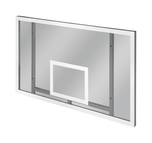 Basketball-Backboard aus transparentem Glas mit weißem Rahmen und Korbmarkierung.