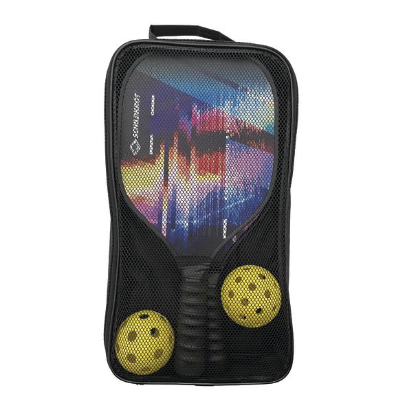 Pickleball-Set mit zwei Schlägern und zwei gelben Bällen in schwarzer Tragetasche.