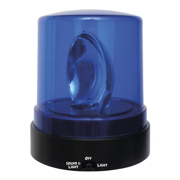 Blaue Rundumleuchte mit transparentem Gehäuse, schwarzem Sockel und Schalter für Licht und Sound.
