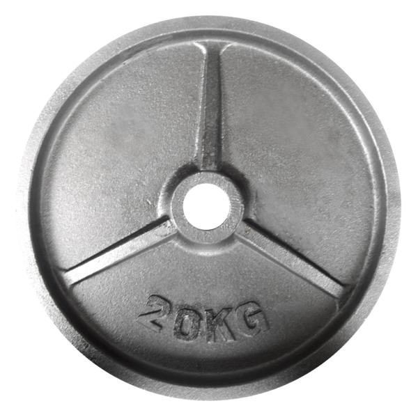 Gewichtsscheibe aus Metall mit 20 kg für Hanteltraining und Kraftsport.
