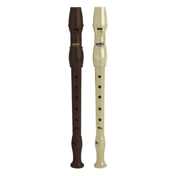 Braune und beige Blockflöten aus Kunststoff, klassische Musikinstrumente für Anfänger.