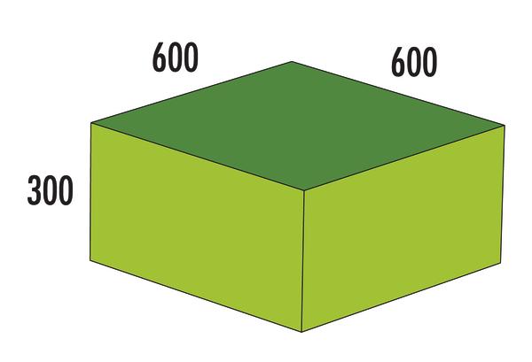 3D-Quader mit den Maßen 600x600x300 in grünen Farbtönen, Seitenlängen beschriftet.