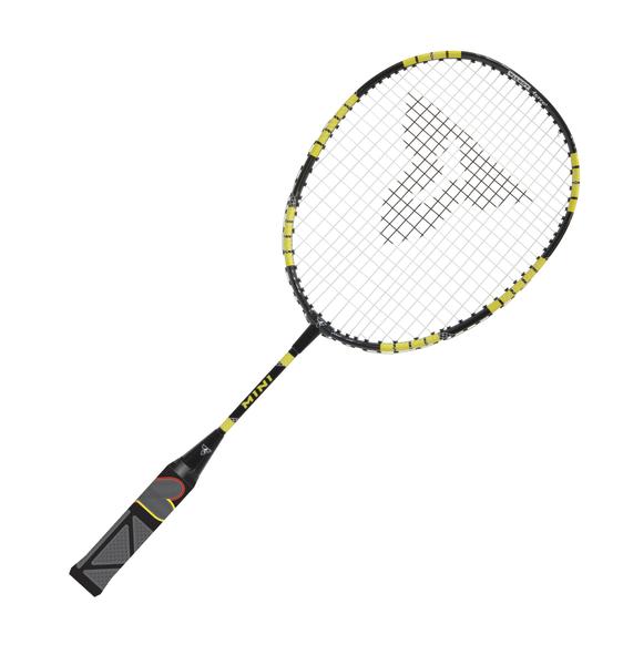 Badmintonschläger mit schwarzem und gelbem Rahmen auf weißem Hintergrund.