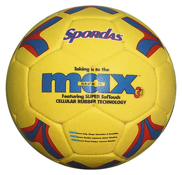 Gelber Handball mit blauen und roten Mustern und Aufschrift "Spordas max"