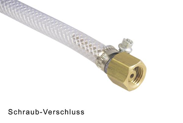 Schlauch mit Schraub-Verschluss aus Messing und Metallklemme, transparent und flexibel