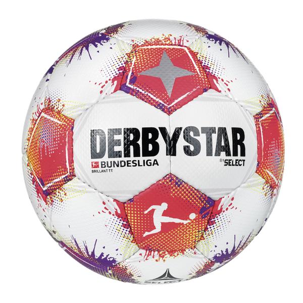 Weißer Derbystar-Bundesliga-Fußball „Brillant TT“ mit pink-lila Farbverlauf und gesprenkeltem Design vor weißem Hintergrund.