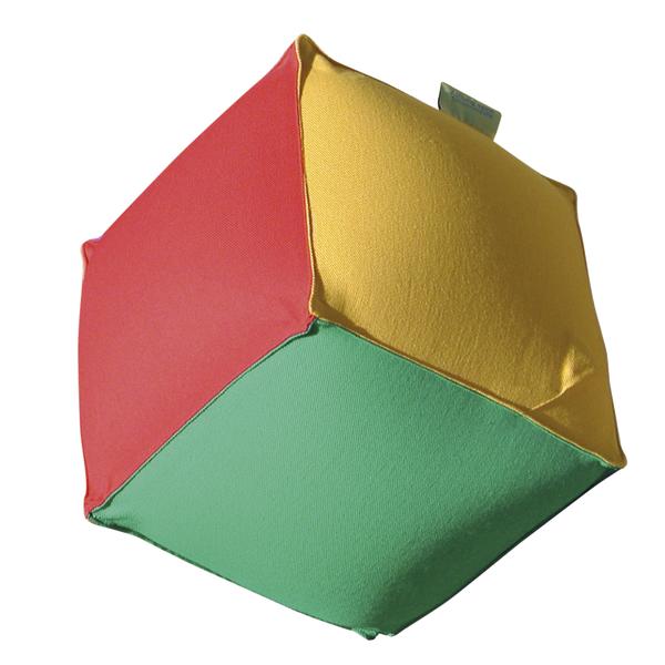Weicher Würfel aus Stoff in den Farben Rot, Gelb und Grün, Spielzeug für Kinder.
