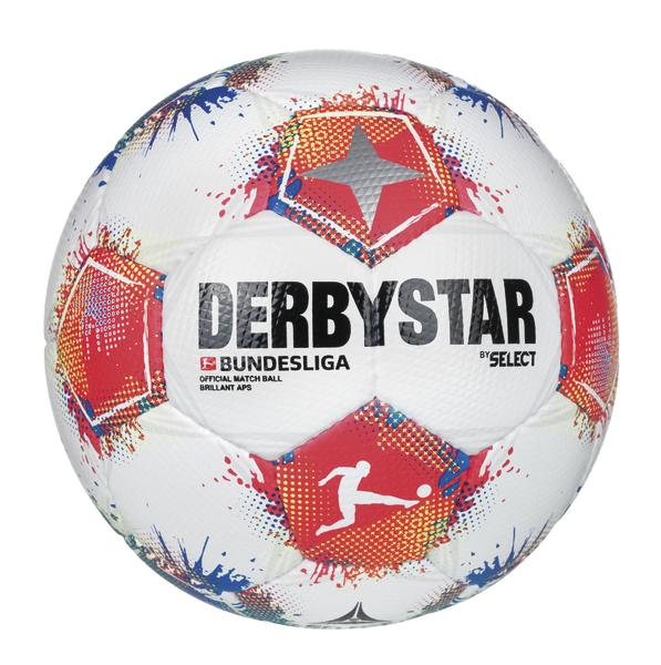 Weißer Derbystar-Bundesliga-Fußball mit pink-blauem Farbverlauf und gesprenkeltem Design vor weißem Hintergrund.
