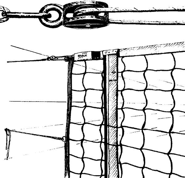 Detailzeichnung eines Volleyballnetzes mit Befestigung und Spannvorrichtung.