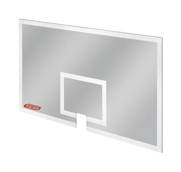 Basketball-Backboard aus transparentem Material mit weißem Rahmen und Sportco-Logo.