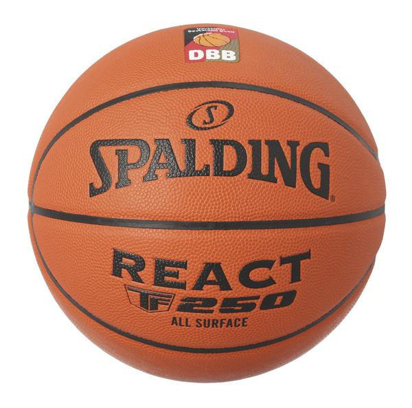 Spalding React TF-250 Basketball für alle Oberflächen mit DBB-Logo, orange und schwarz.