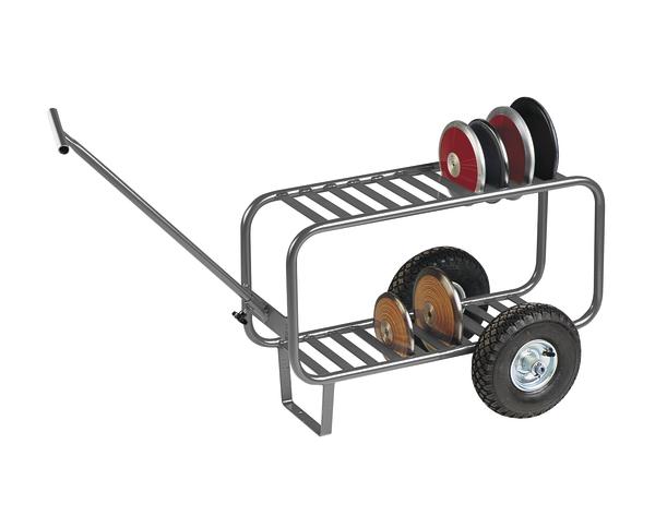 Sportco Diskus-Ständer mit Stahlrahmen und Transporträdern.