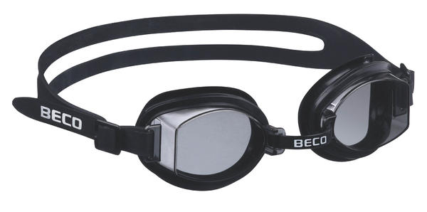 Schwarze Beco Schwimmbrille mit verstellbarem Silikonband und getönten Gläsern.