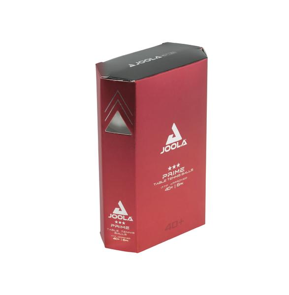 Rote Verpackung mit JOOLA Prime Tischtennisbällen, 40+ Größe, 3-Sterne Qualität.