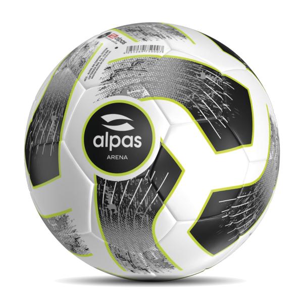 Weißer alpas Arena Fußball mit schwarz-grauem Grafikdesign und neongrünen Akzenten auf hellem Hintergrund.