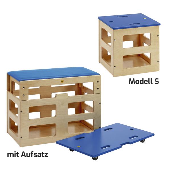 Sitzwürfel Modell S aus Holz mit blauer Sitzfläche.