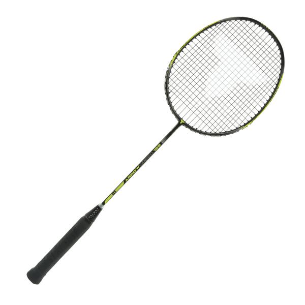 Badmintonschläger mit schwarzem Griff und grün-schwarzem Rahmen auf weißem Hintergrund.
