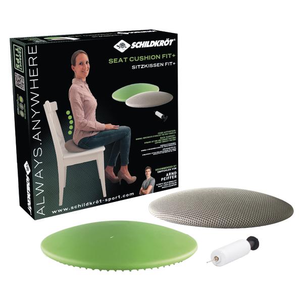 Ergonomisches Sitzkissen Fit+ von Schildkröt mit Pumpe und Verpackung für besseren Sitzkomfort.