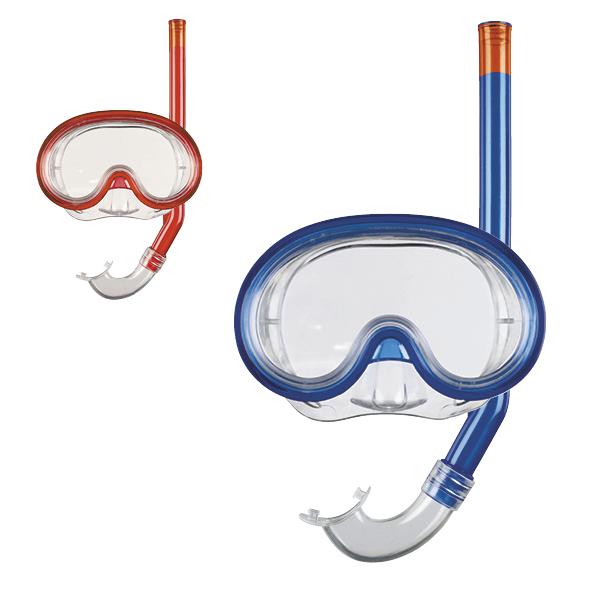 Rote und blaue Schnorchelmaske mit klarem Sichtfeld und flexiblem Schnorchelrohr.