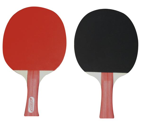 Zwei Tischtennisschläger mit roter und schwarzer Schlagfläche und rotem Griff.