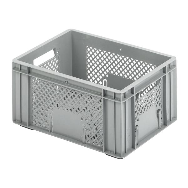 Graue Kunststoff-Aufbewahrungsbox für sichere Lagerung vor weißem Hintergrund.