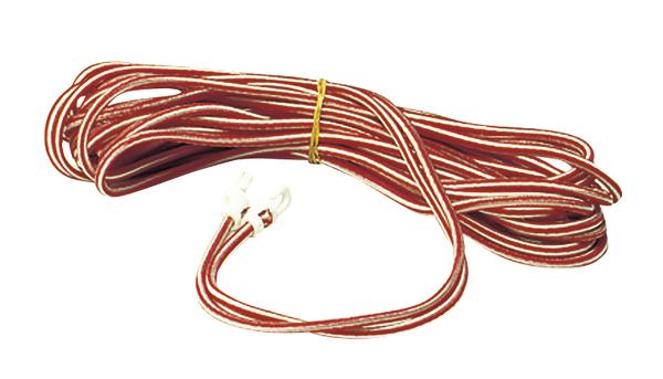 Rote Gymnastikschnur mit weißen Aufhängeklammen, aufgerollt und mit Gummiband fixiert.