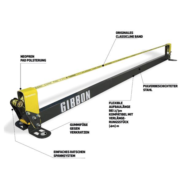 Slackline Gibbon Classicline mit Neoprenpolster und einfachem Ratschen-Spannsystem.