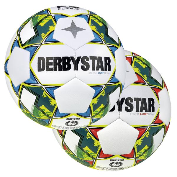 Bunter Derbystar Futsal-Ball mit blau-grünen Akzenten, ideal für Hallenfußball.