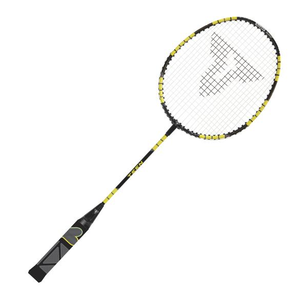 Badmintonschläger mit gelb-schwarzem Design und bespannten Saiten auf weißem Hintergrund.